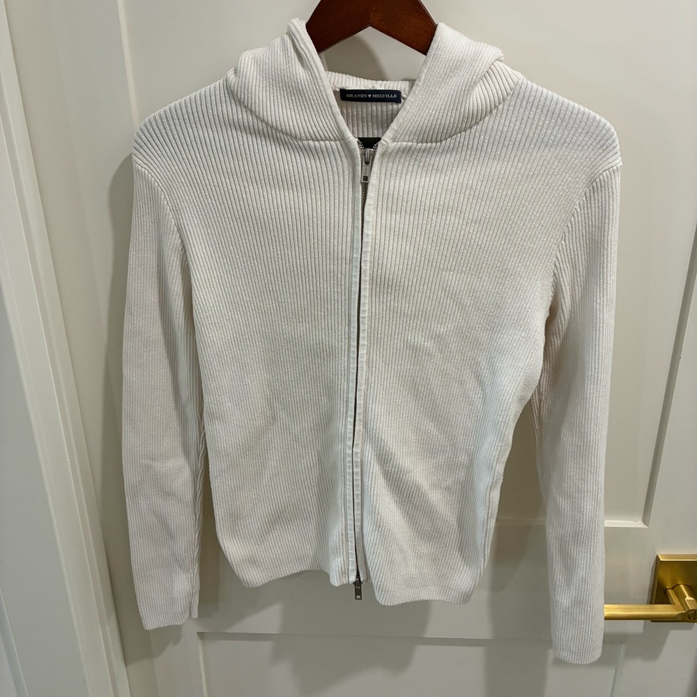 Brandy Melville White Arden Hoodie Ribbed Knit Zip Up One Size